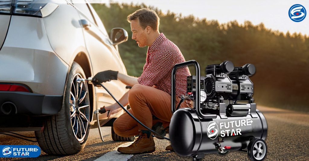 Fix tire leaks with a portable air compressor while driving